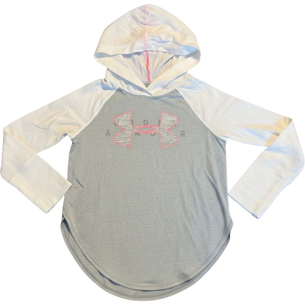 Under Armour Girls HeatGear Hoodie Grey White Pink Logo Youth Medium YMD Loose